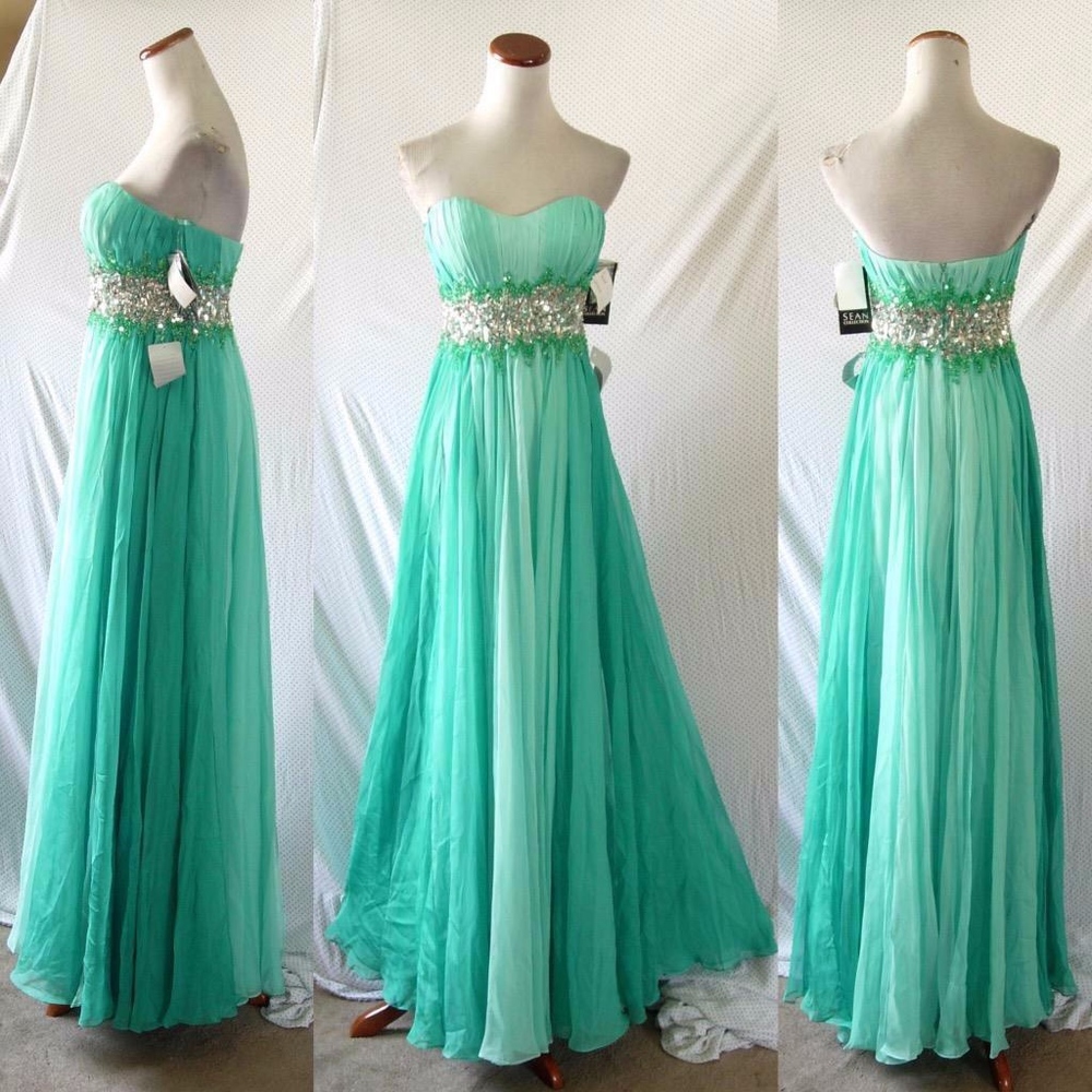 NEW Sean Collection AQUA Embellished Waist PLEATED Ombré Chiffon Straples GOWN 0